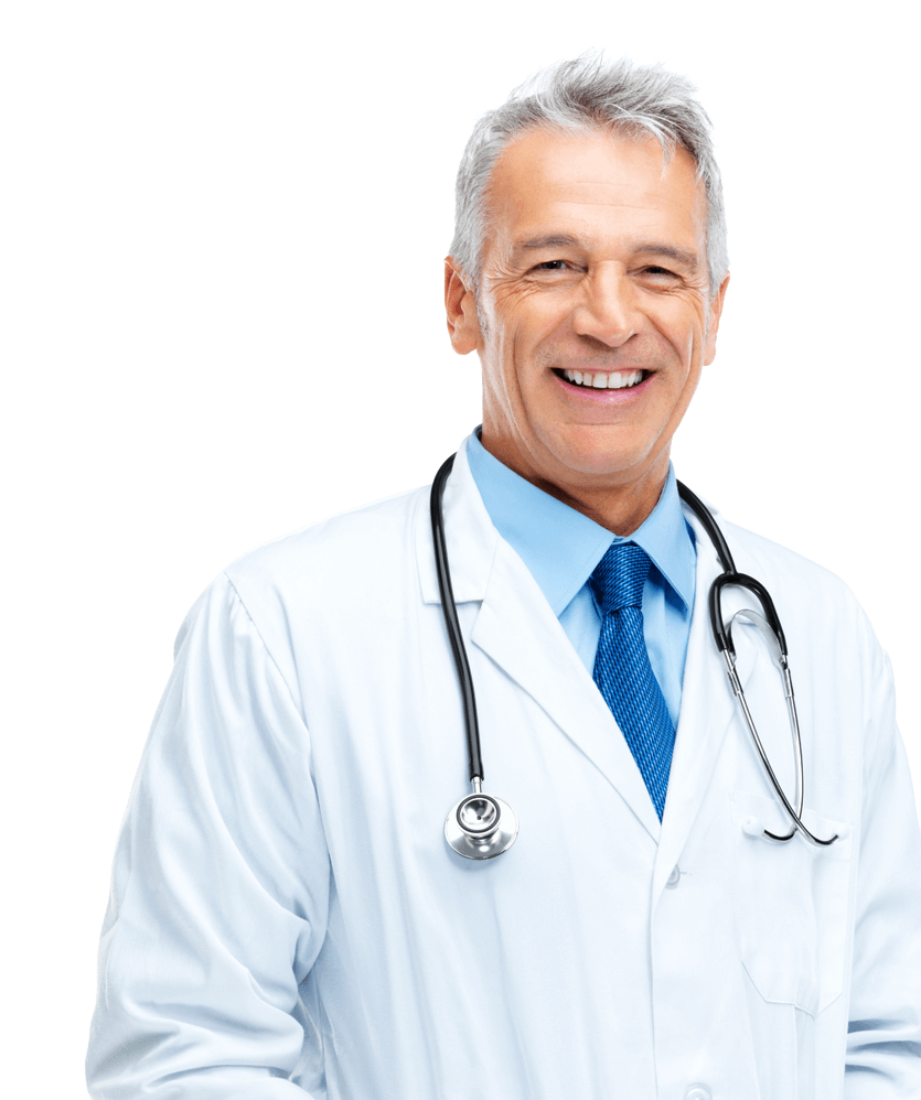 Smiling doctor in white lab coat with a stethoscope
